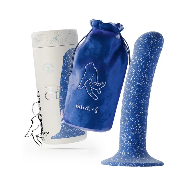 Biird Bae blue speckled silicone dildo with white box drawstring bag and charm