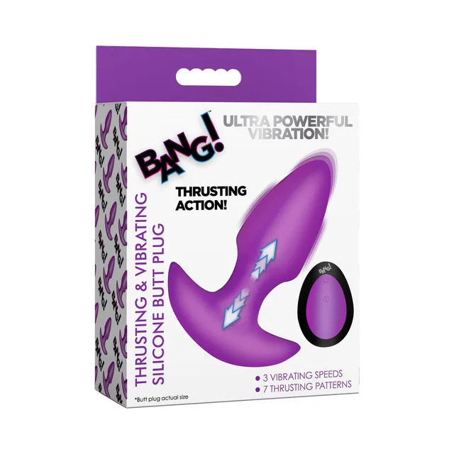 BANG purple silicone thrusting butt plug in color-matched retail packaging