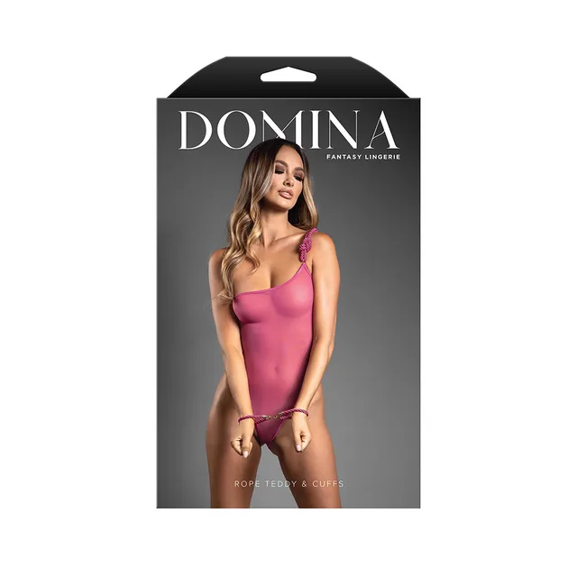 Domina package showing pink one-shoulder mesh teddy with matching rope cuffs