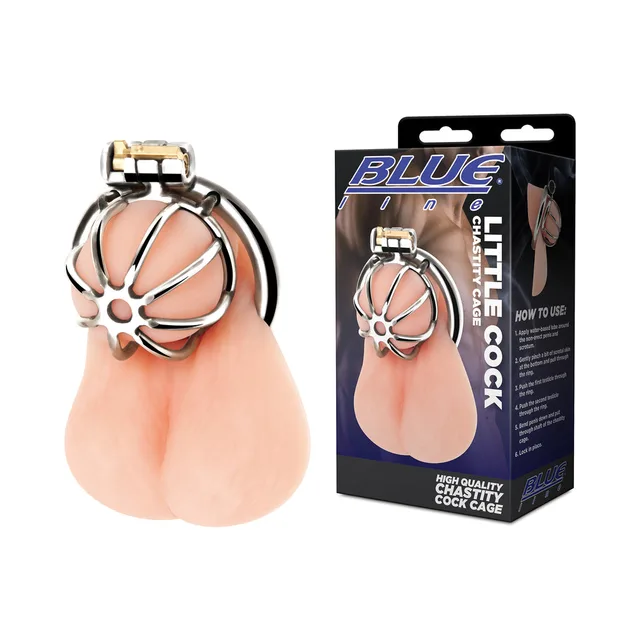 Electric Eel Blue Line silver chastity cage open metal cage beside black retail box