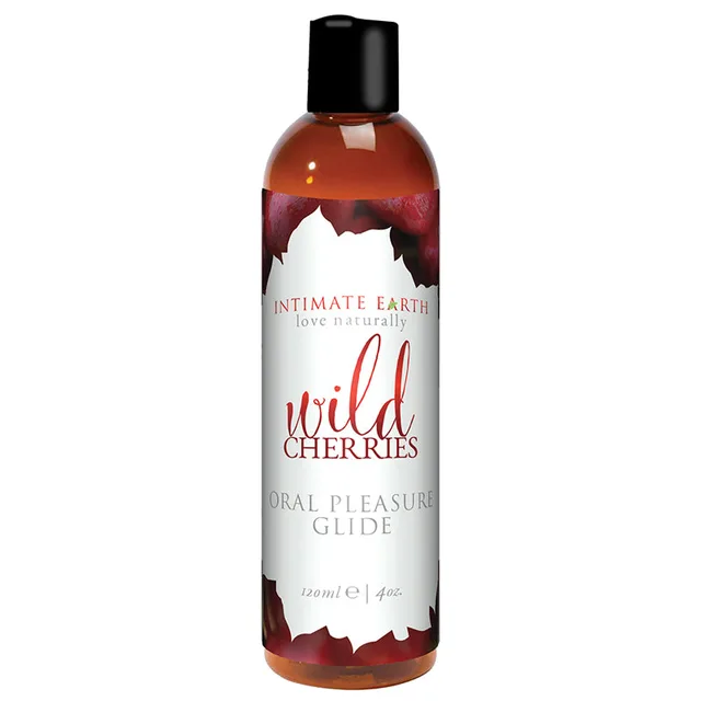 Intimate Earth Wild Cherries Glide tall amber bottle with red cherry label and black cap