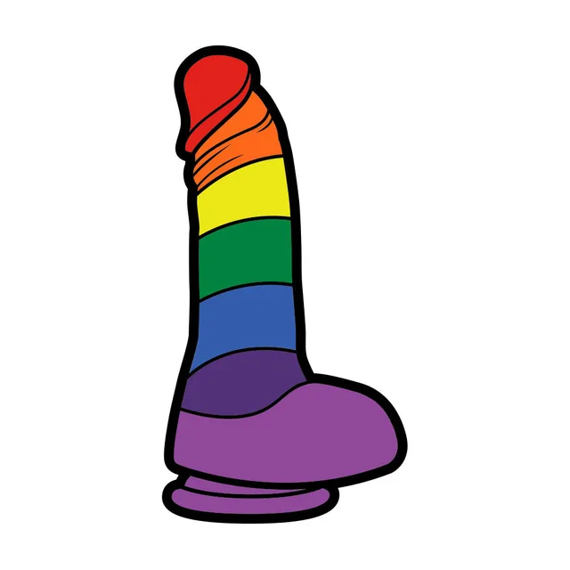 Close-up of rainbow-striped dildo-shaped metal enamel pin