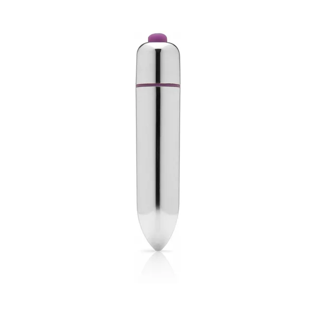 Silver cylindrical bullet component with purple button