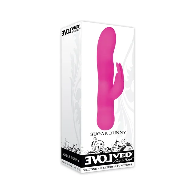 Evolved Sugar Bunny pink vibrator beside white carton