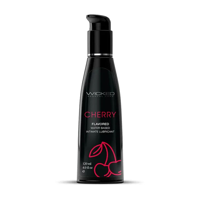 Wicked Aqua Cherry 4 oz lubricant front of curved black bottle with pink lettering, twin cherry graphic and pump dispenser