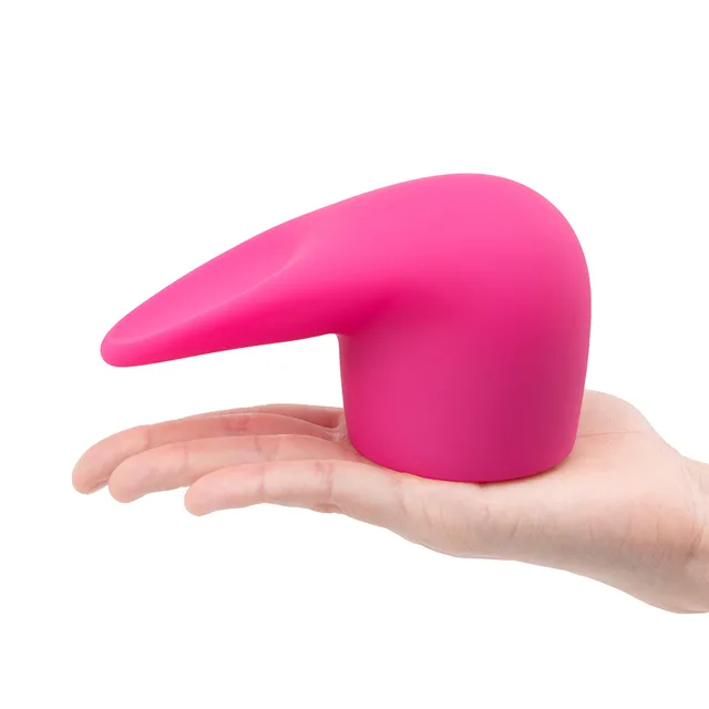 Le Wand Flick fuchsia curved silicone attachment curved attachment balanced on one hand