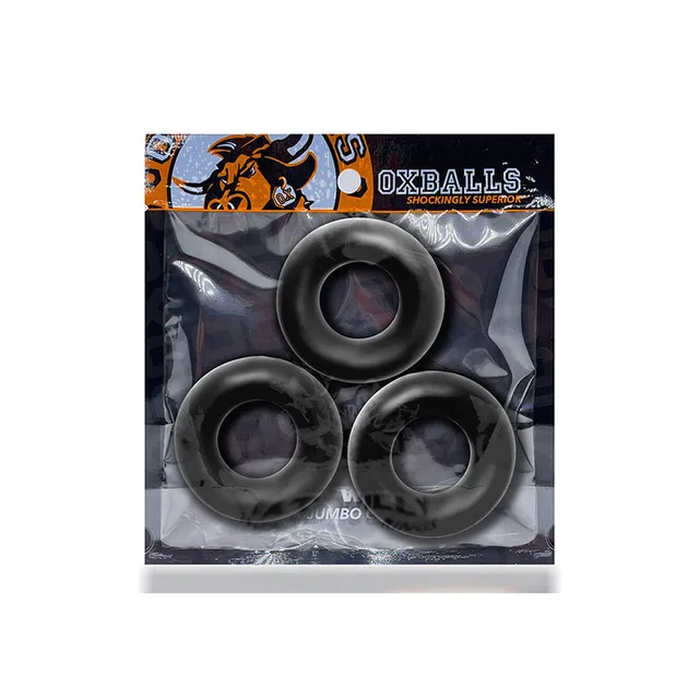 Three OxBalls Fat Willy Black jumbo cock rings in clear retail pouch