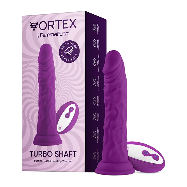 Purple Vortex Turbo Shaft 2.0 dildo beside black retail box