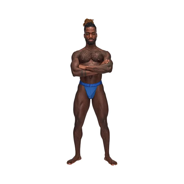 Full front view of model wearing royal blue Sexagon Micro V thong