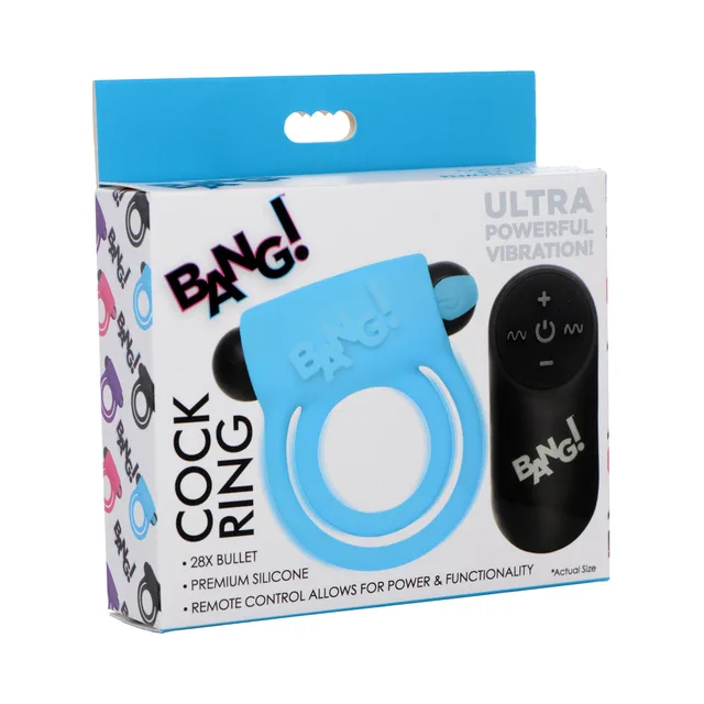 blue BANG silicone double cock ring with black bullet and wireless remote on box