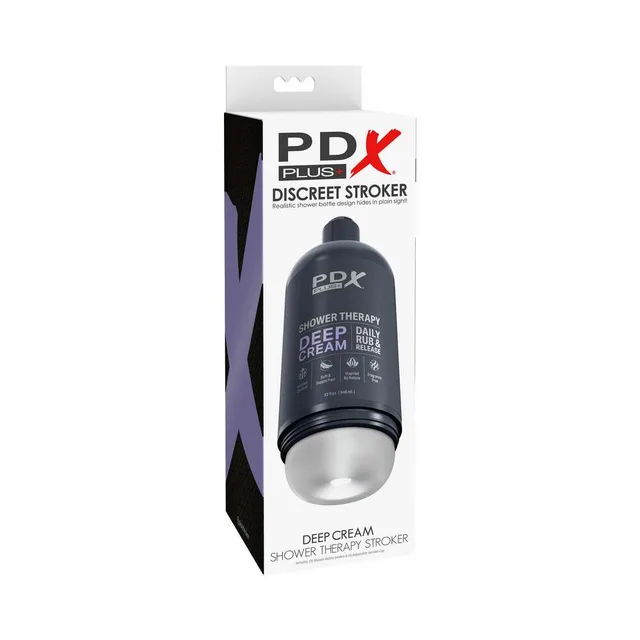 PDX Shower Therapy Deep Cream clear stroker in tall white box