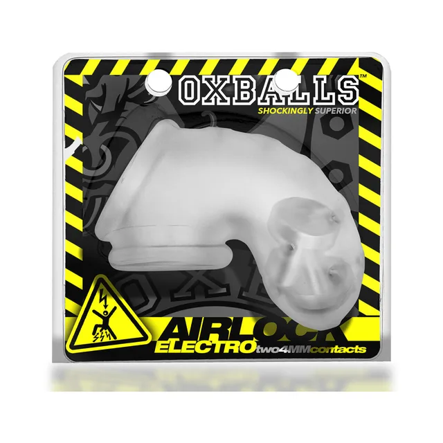 translucent OxBalls Airlock Electro vented chastity cage in black and yellow package