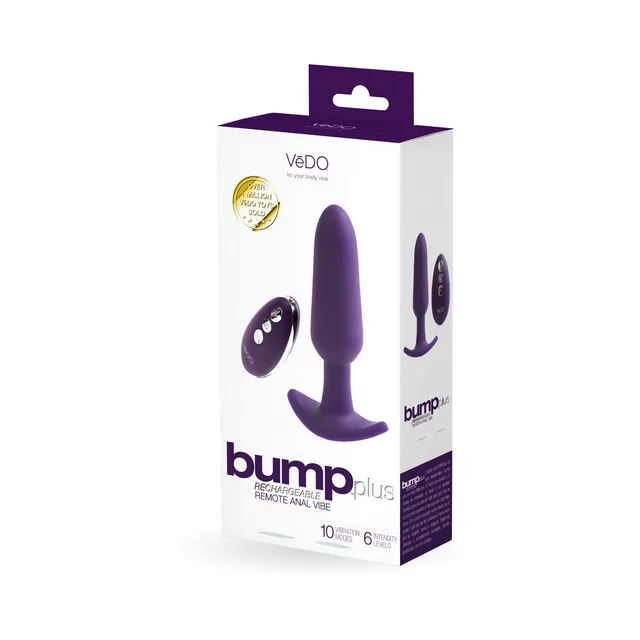 Purple VeDO Bump Plus anal vibrator and remote on retail box