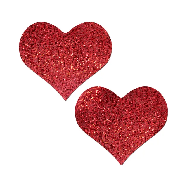 pair of red glitter heart-shaped Pastease full breast covers on white background