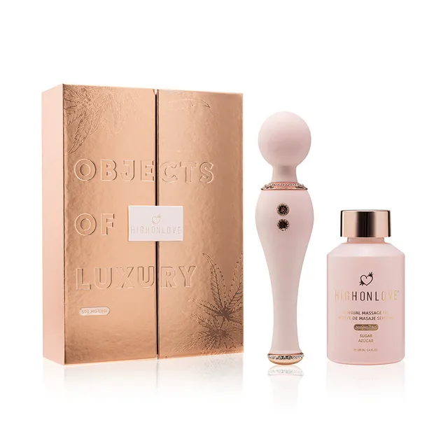 HighOnLove Objects of Luxury box with pink silicone wand and CBD massage oil