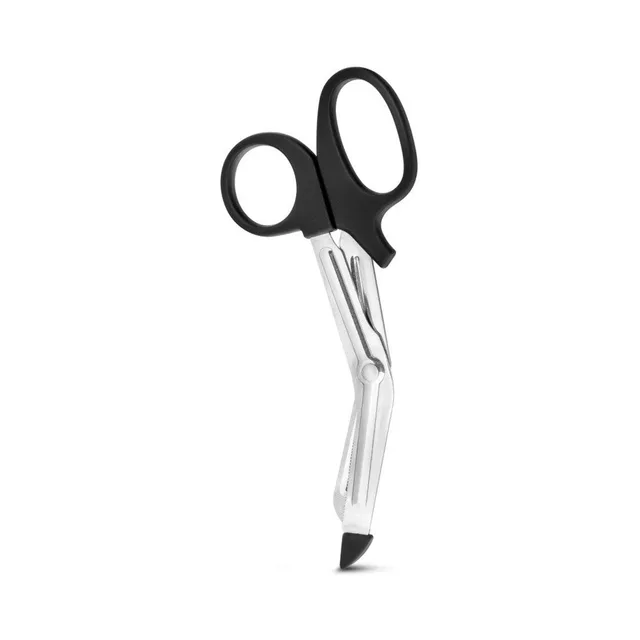 Blush Temptasia black bondage scissors upright closed view with angled silver blades