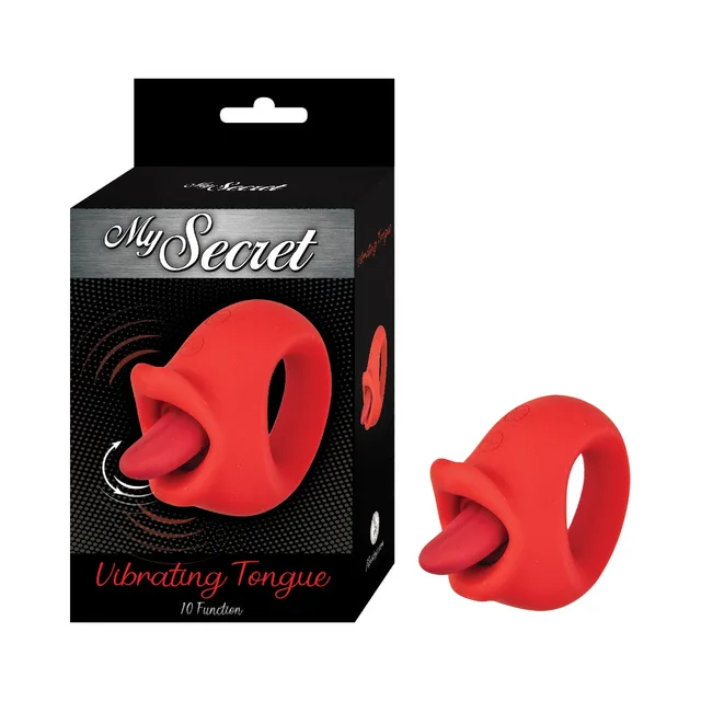 Red Nasstoys My Secret vibrating tongue with ring handle beside black box