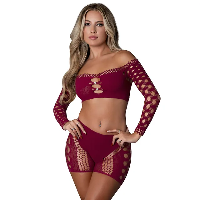 Burgundy seamless crop top and shorts set front view worn by model