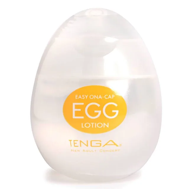 Tenga Egg Lotion 2.2 oz bottle translucent egg shape with white one-touch cap and orange oval label