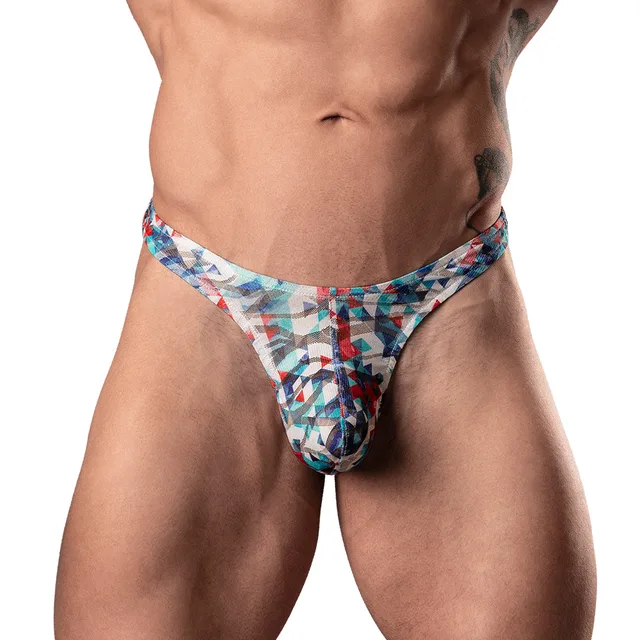 Male Power Your Lace Or Mine L/XL multicolor geometric Bong Thong front view worn by model