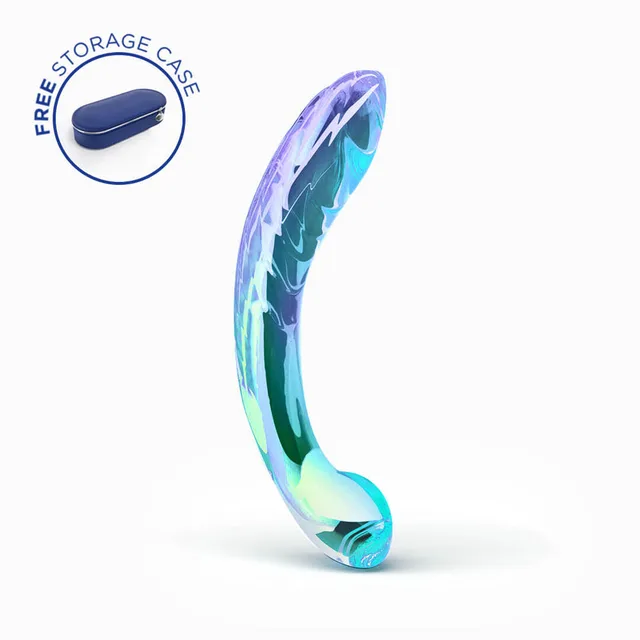 iridescent curved Biird Kalii glass dildo with storage case badge