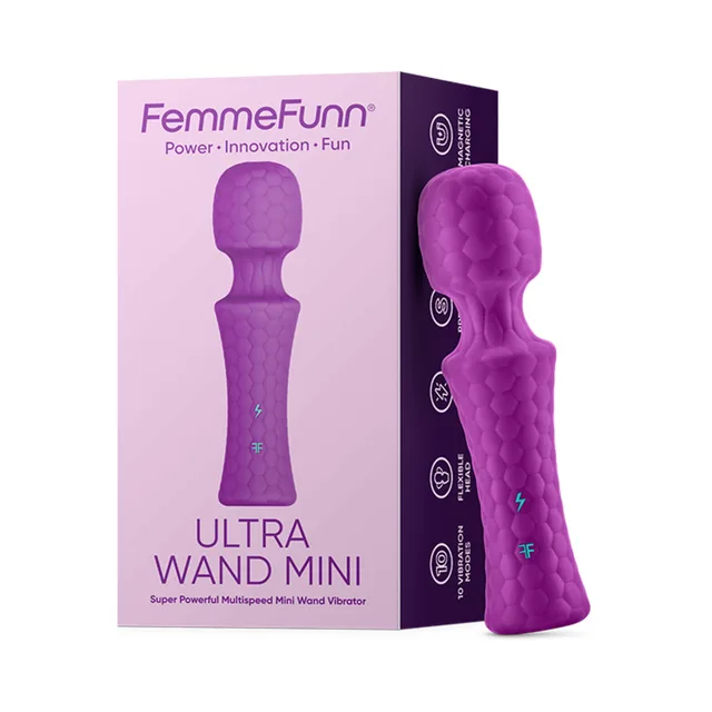 Purple FemmeFunn Ultra Wand Mini beside retail box