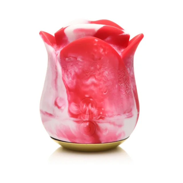Lickgasm swirl rose vibrator upright with translucent red-and-white petal body