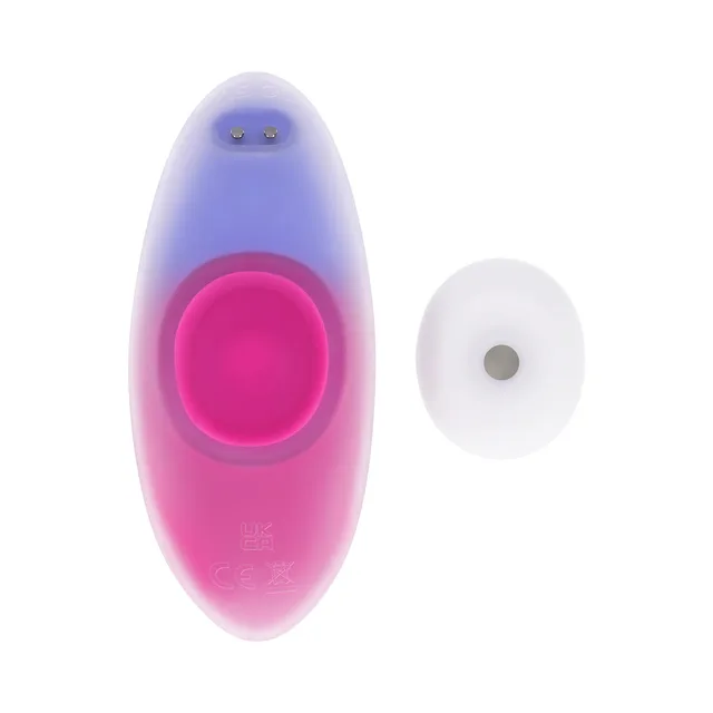 Rear of pink-and-purple Paradise Panty vibrator beside white remote