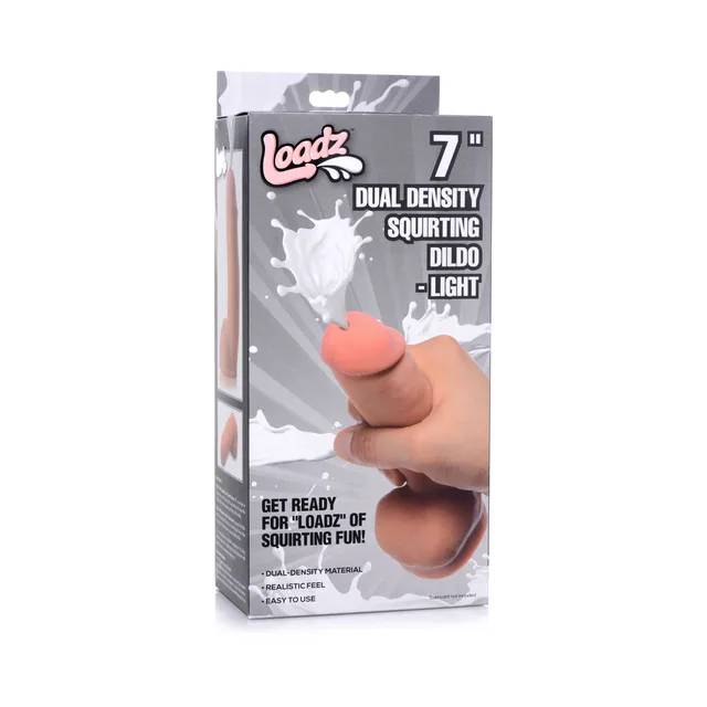 light brown Loadz seven-inch dual-density squirting dildo pictured on gray box