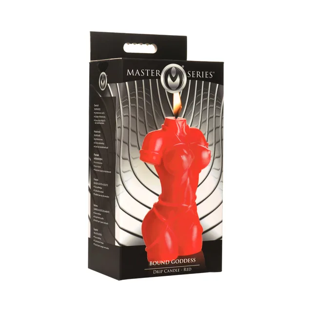 red Bound Goddess torso-shaped drip candle displayed in retail box
