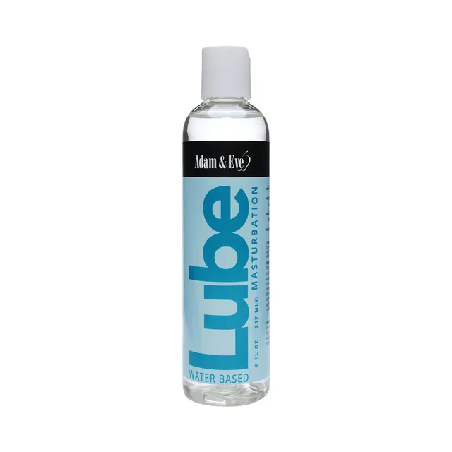 Adam & Eve Masturbator Water-Based Lubricant 8 oz clear bottle with white cap and blue front label