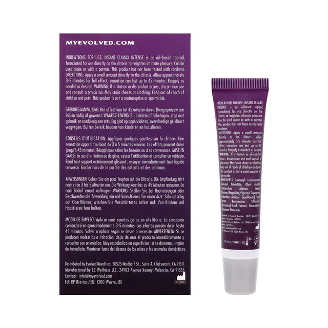 Rear ingredient panels of purple Evolved topical tube and box