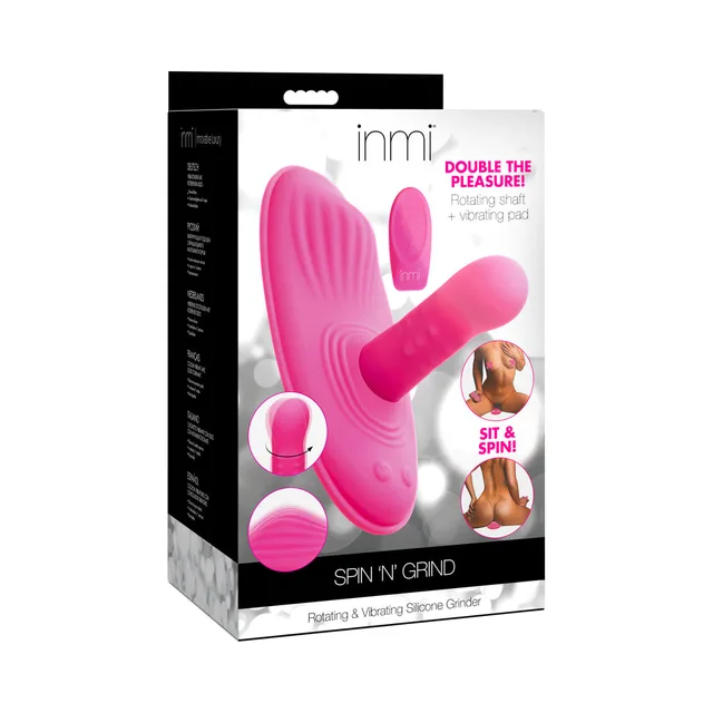 INMI Spin N Grind hot-pink silicone grinder with angled shaft on windowed retail box
