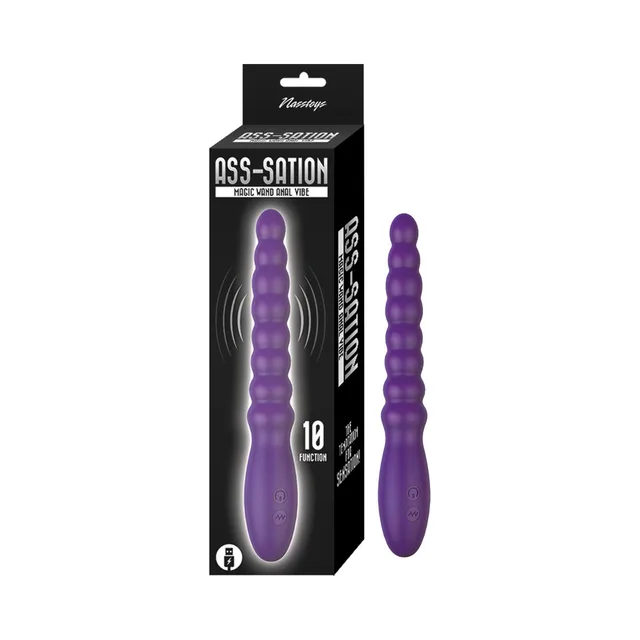 Purple Ass-Sation graduated beaded anal vibrator beside retail box