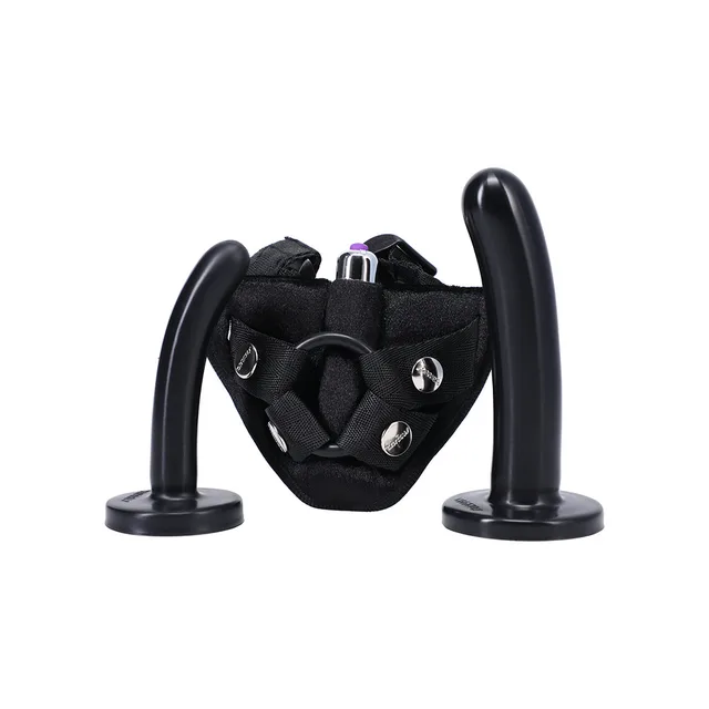 Black beginner harness panel between two smooth Onyx dildos