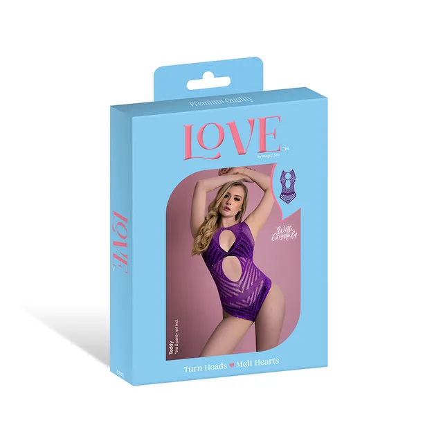 Magic Silk seamless purple cutout teddy displayed in blue retail packaging