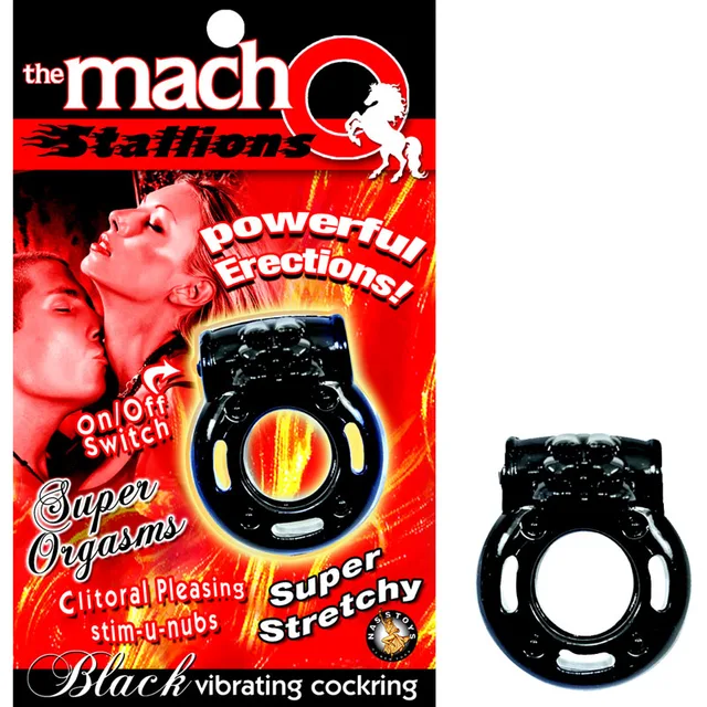 Macho Stallions Black black vibrating ring beside red retail package