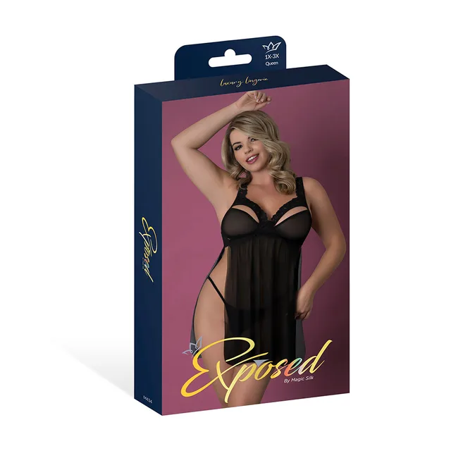 Magic Silk Rush black babydoll set Queen displayed in purple retail packaging