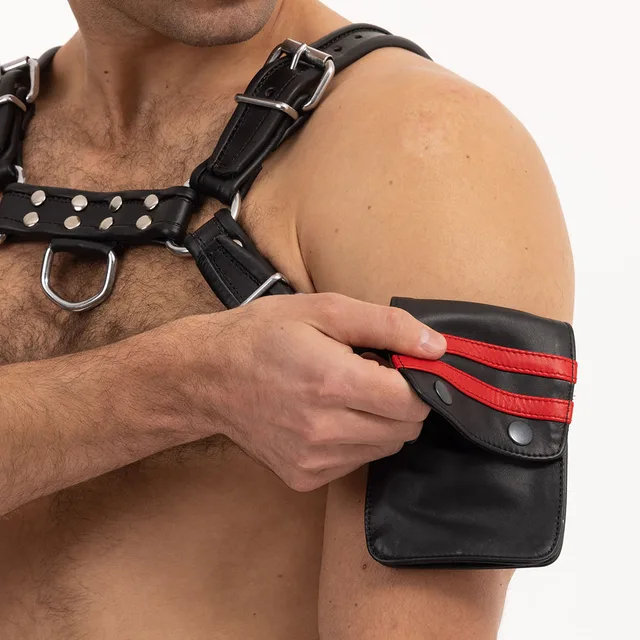 Prowler RED striped arm wallet shown open with red-trimmed flap lifted
