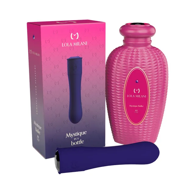 dark purple Lola Milani Mystique Bullet vibrator with pink bottle and box