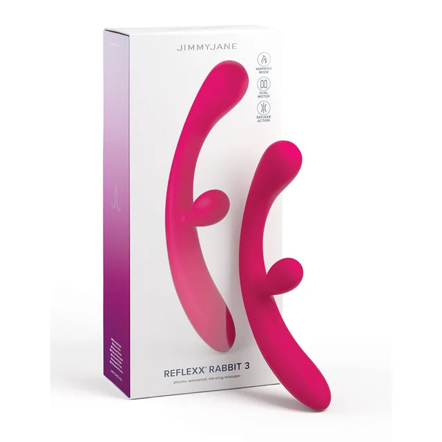 pink curved Jimmyjane Reflexx Rabbit 3 vibrator standing beside white box
