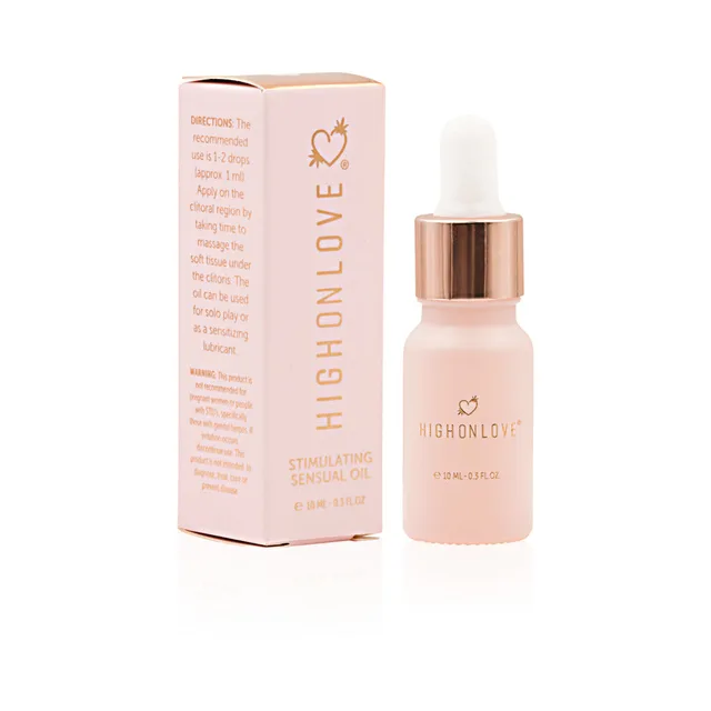 HighOnLove Mini O Oil in small rose-gold dropper bottle beside pink carton