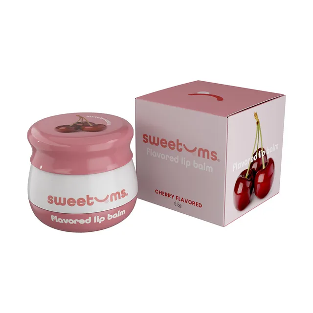 Sweetums Cherry Lip Balm jar and cherries-illustrated retail box
