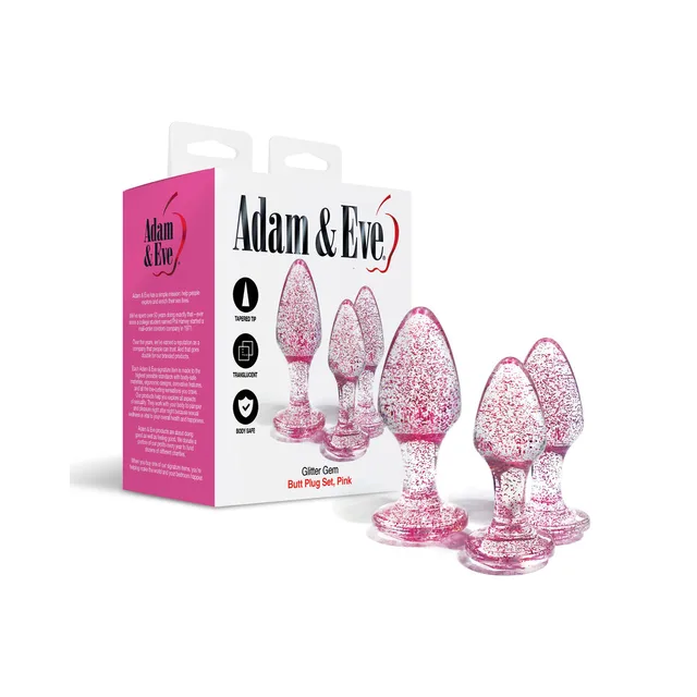 Adam & Eve pink glitter acrylic plug set with white and pink retail box