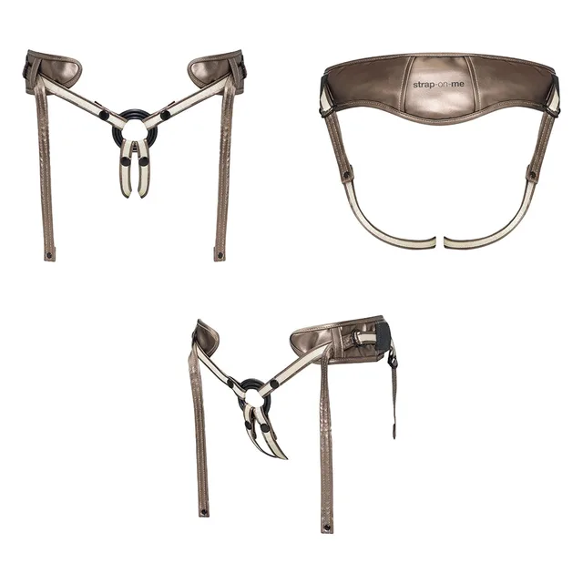 Lovely Planet Desirous bronze leatherette strap-on harness collage showing front, rear and three-quarter harness views