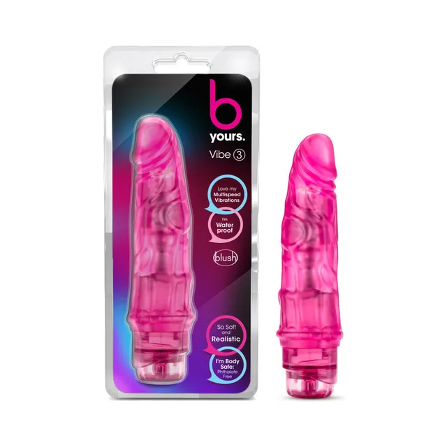 B Yours Vibe 3 pink vibrator beside retail package