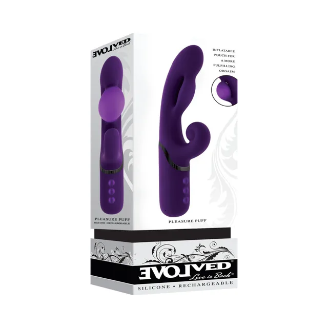 Evolved Pleasure Puff purple vibrator in white retail box