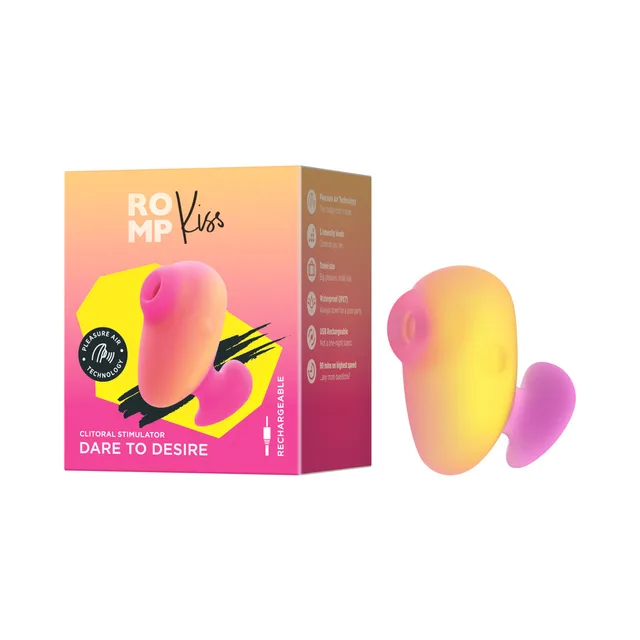 pink and coral ROMP Kiss air-pulse stimulator beside gradient box