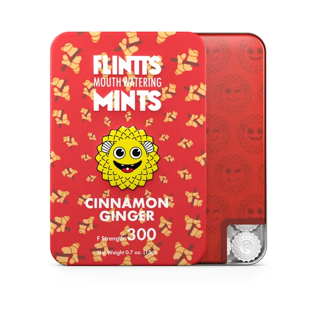 Red-orange Flintts Cinnamon Ginger Mints F-Strength 300 tin with spice pattern