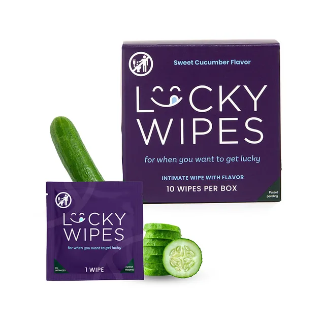 Cucumber Lucky Wipes box and single purple sachet with cucumber slices